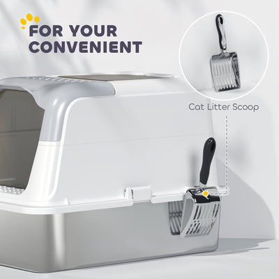 PawHut Extra Large Stainless Steel Litter Box, Enclosed Cat Litter Tray with Scoop, Deodorizer Bag, Front-Entry and Top-Exit 
