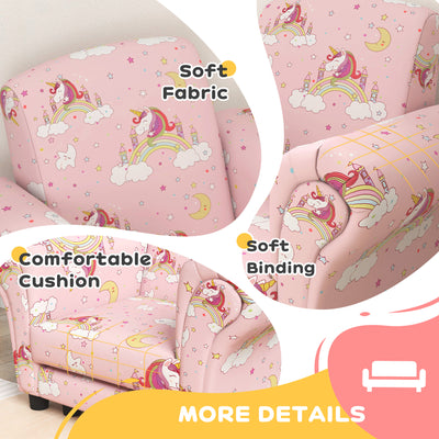 AIYAPLAY 2 Piece Kids Sofa Set with Unicorn Design, Wooden Frame, for 1.5-3 Years Old, Pink 