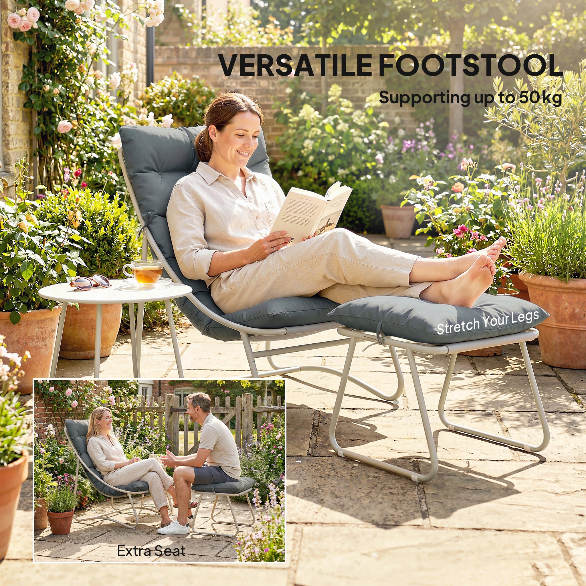 Outsunny Bistro Set for Garden, 3 Piece Outdoor Table and Chair with Footstool and Removable Cushions, Comfy Balcony Furniture 