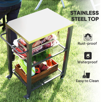 Outsunny Three-Shelf Outdoor Grill Cart with Stainless Steel Top, Outdoor Kitchen Island with 4 Wheels, 3 Hooks, Movable Food Prep Pizza Oven Table for Kitchen, Patio, Garden, 65.5 x 41 x 79 cm 