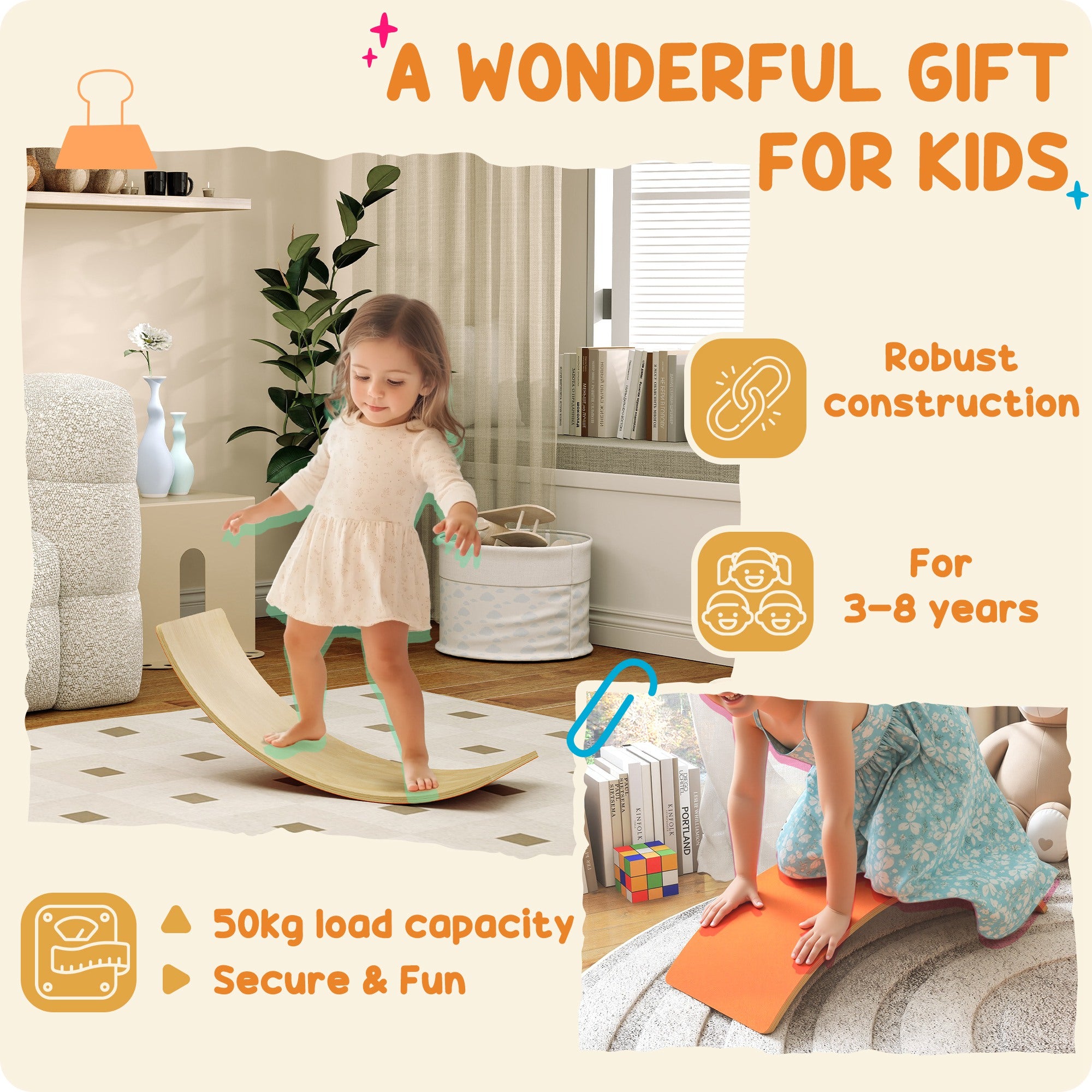 AIYAPLAY Wooden Balance Board for Kids, Wobble Board with Silent Felt for Sensory Play, Orange 