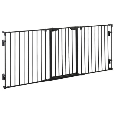 PawHut Pet Safety Gate, 3 Panels Playpen Fireplace, Metal Fence, Stair Barrier, Room Divider w/ Walk-Through Door - Black 