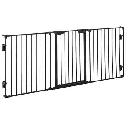PawHut Pet Safety Gate, 3 Panels Playpen Fireplace, Metal Fence, Stair Barrier, Room Divider w/ Walk-Through Door - Black 