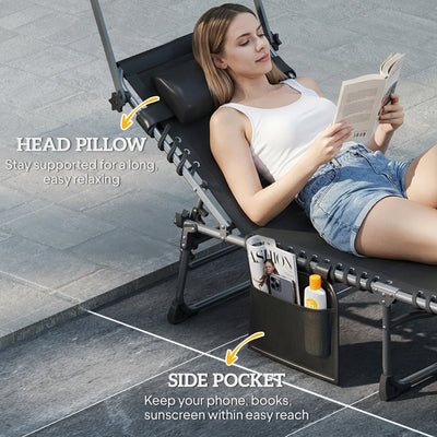 Outsunny Folding Sun Lounger with Canopy, Reclining Sunbed with Cushion, Side Pocket, Carrying Handle, Dark Blue 