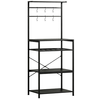 HOMCOM Freestanding Shelving Unit, Industrial Storage Shelf with 6 Hooks and Wine Rack for Living Room, Home Office, Black