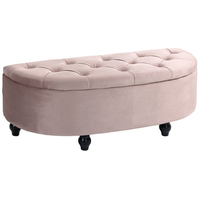 HOMCOM Semi-Circle Ottoman Storage Bench, Bed End Bench, Tufted Upholstered Window Seat Footrest Stool with Rubberwood Legs for Bedroom & Entryway, 120 x 46 x 42 cm, Pink 