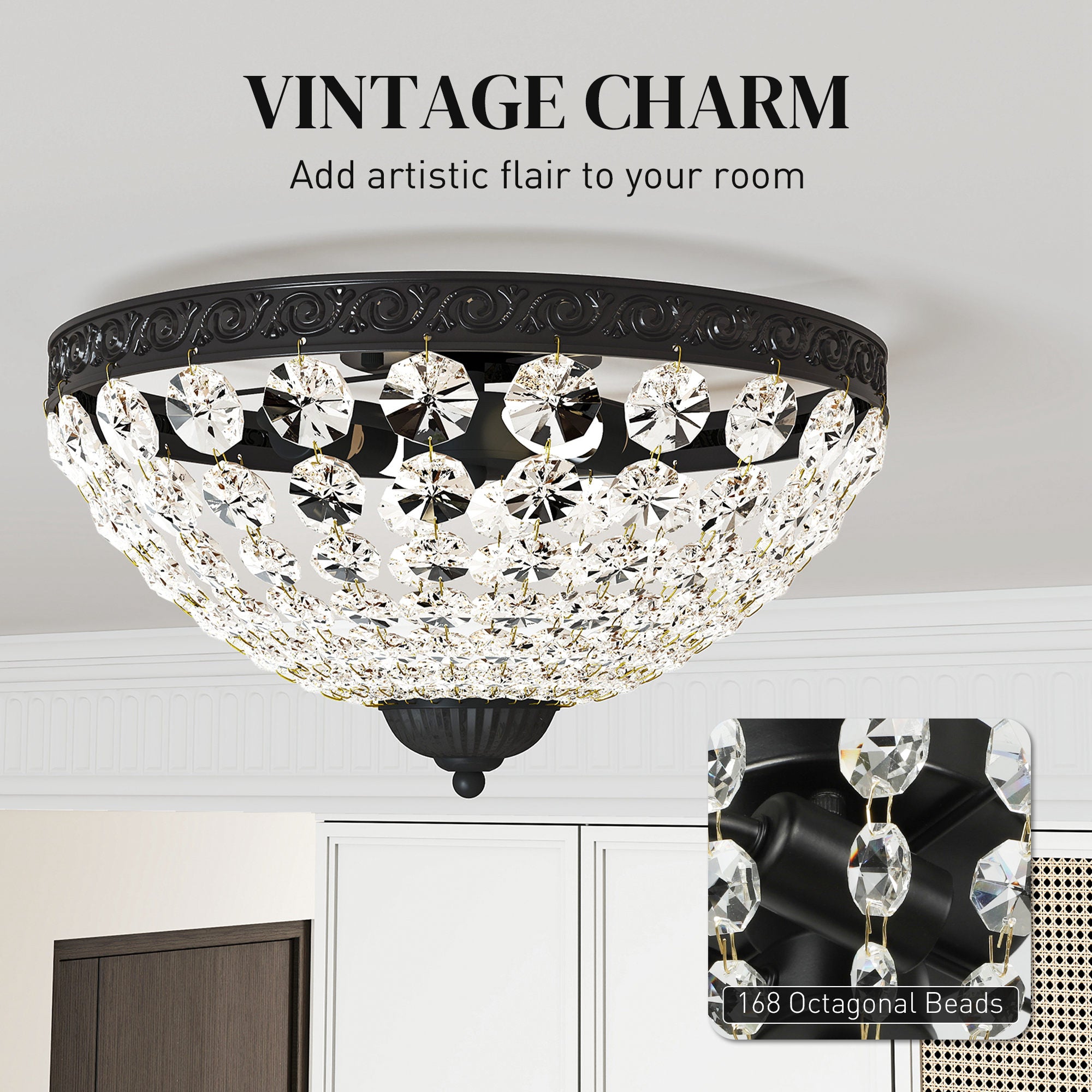 HOMCOM Crystal Chandelier Ceiling Light with 168 Octagonal Beads, Vintage 2-Light Flush Mount Ceiling Light for Living Room, Bedroom, Hallway, Dining Room, Black 