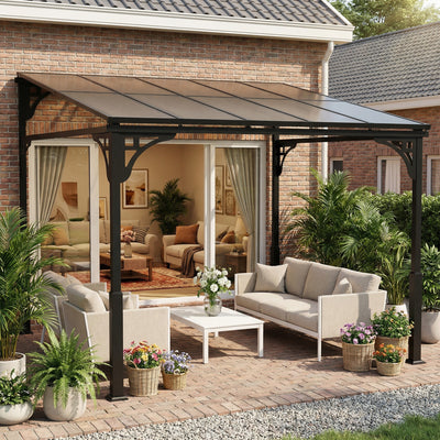 Outsunny 3 x 2.87 m Metal Lean-to Pergola, Wall-Mounted Hardtop Garden Pergola with Polycarbonate Roof and Metal-Aluminium Frame 