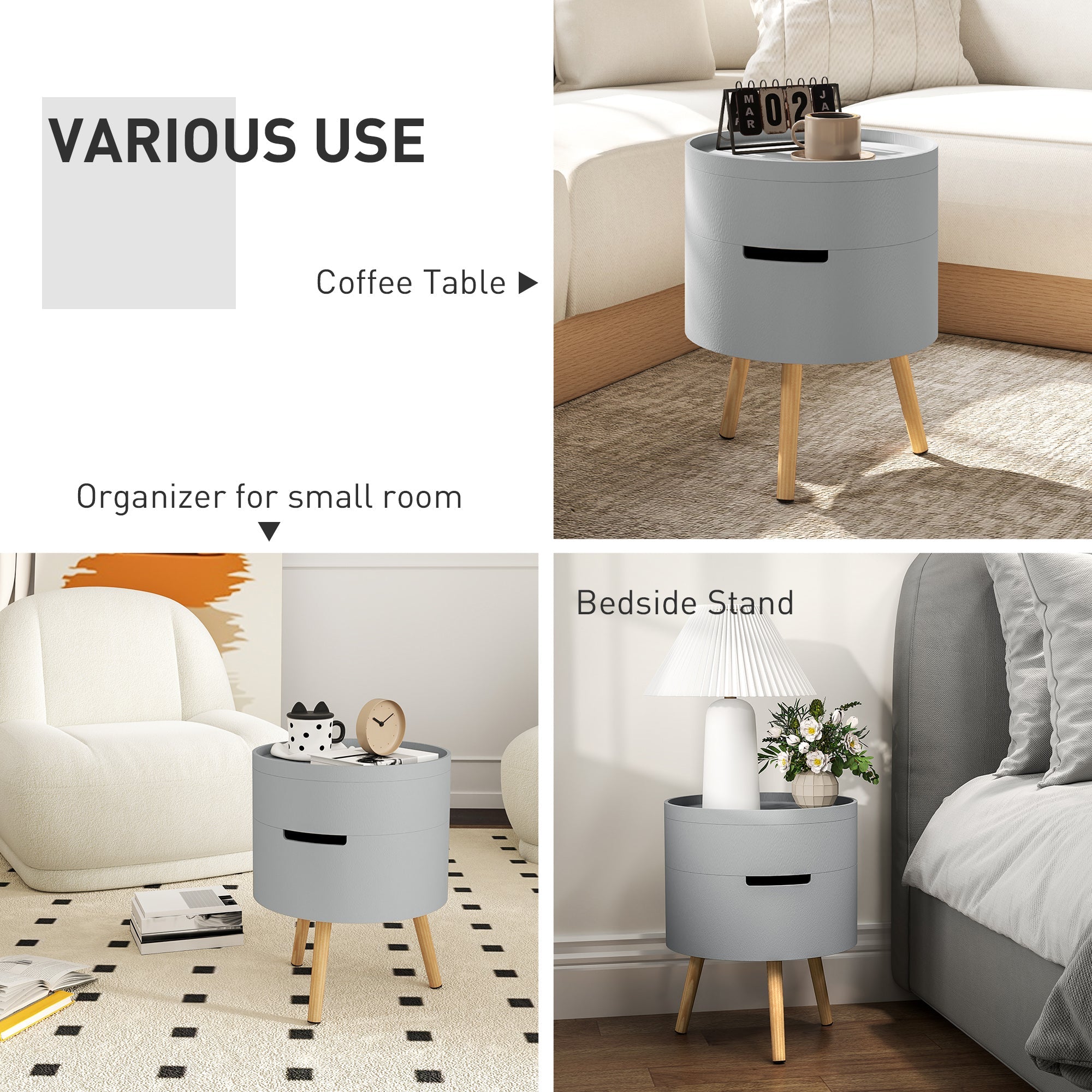 HOMCOM 3-Tier Coffee Table, Round End Table with 2 Hidden Compartments and Detachable Tray, Side Table with Storage for Living Room, Grey 