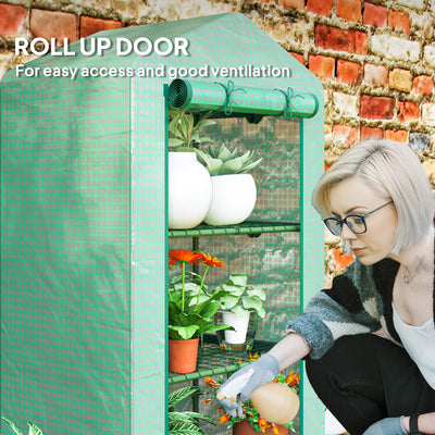 Outsunny 3 Tier Mini Greenhouse Portable Garden Grow House with Roll Up Door and Wire Shelves, 69 x 49 x 125 cm, Green 