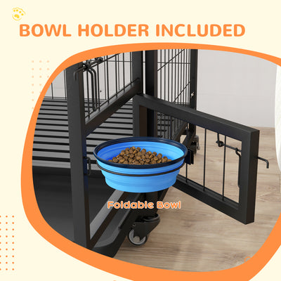 PawHut Heavy Duty Dog Crate on Wheels w/ Bowl Holder, Removable Tray, Openable Top, Detachable Door, for M, L Dogs 
