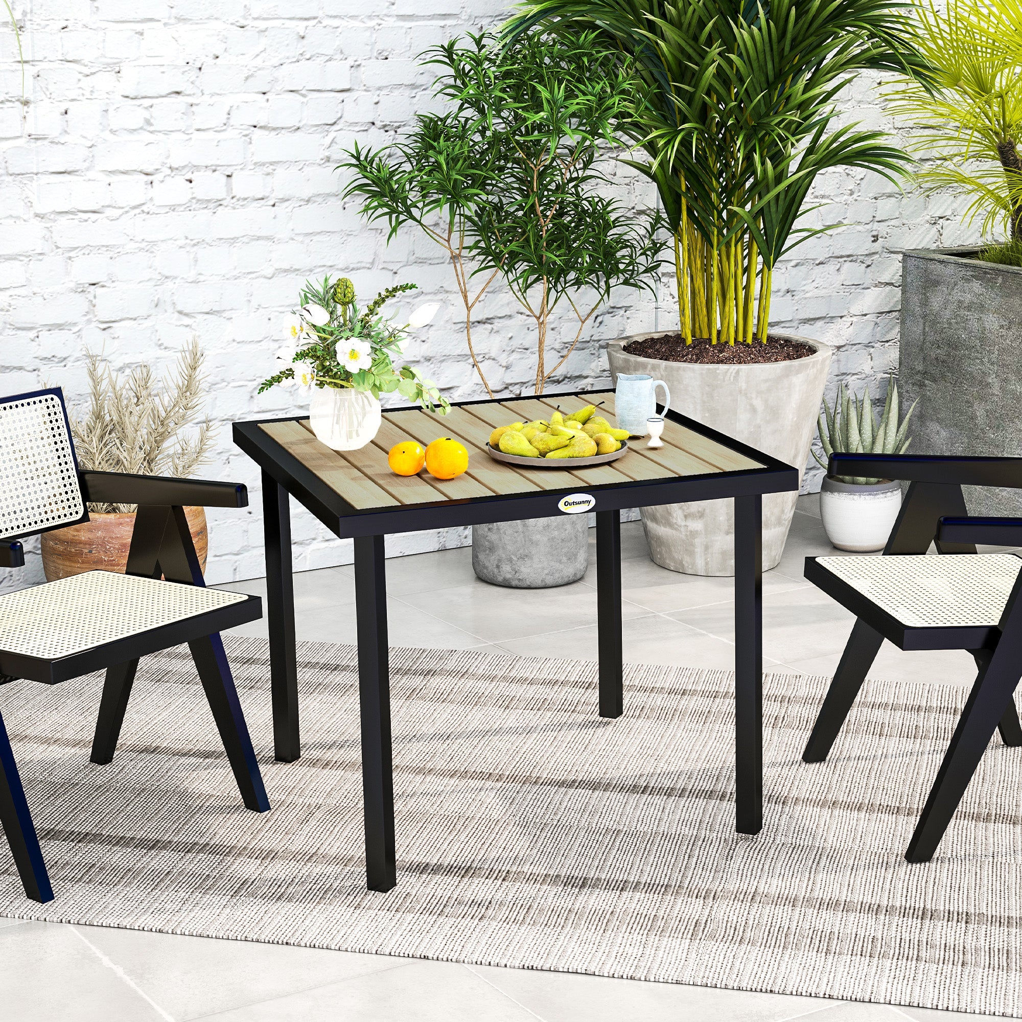 Outsunny Square Garden Dining Table with 5.4cm Parasol Hole, Slatted Top, Metal Frame, 86 x 86 x 71cm, Brown 