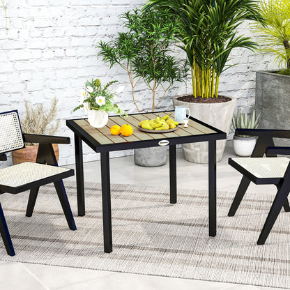 Outsunny Square Garden Dining Table with 5.4cm Parasol Hole, Slatted Top, Metal Frame, 86 x 86 x 71cm, Brown 