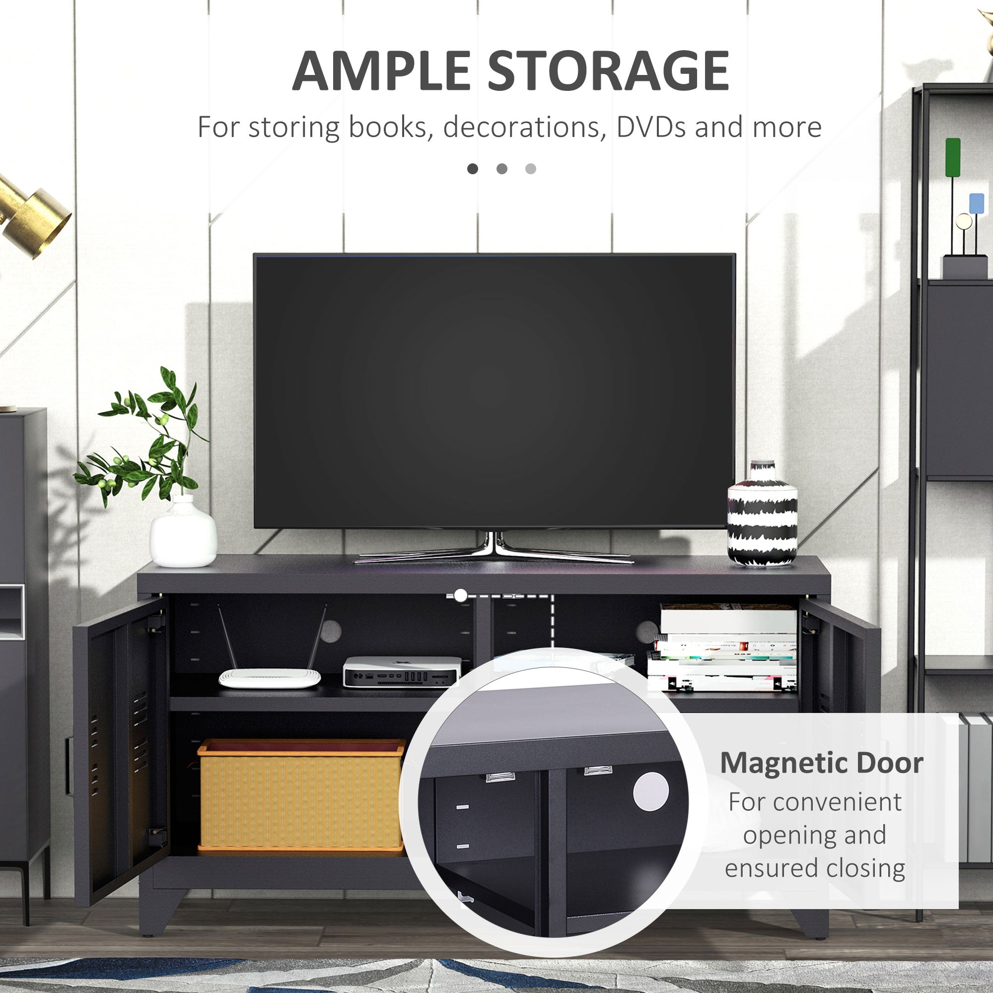 HOMCOM Steel TV Stand Cabinet, Industrial TV Unit for TVs up to 50", TV Table with 2 Doors, Adjustable Shelf and 4 Cable Holes for Living Room, Black 