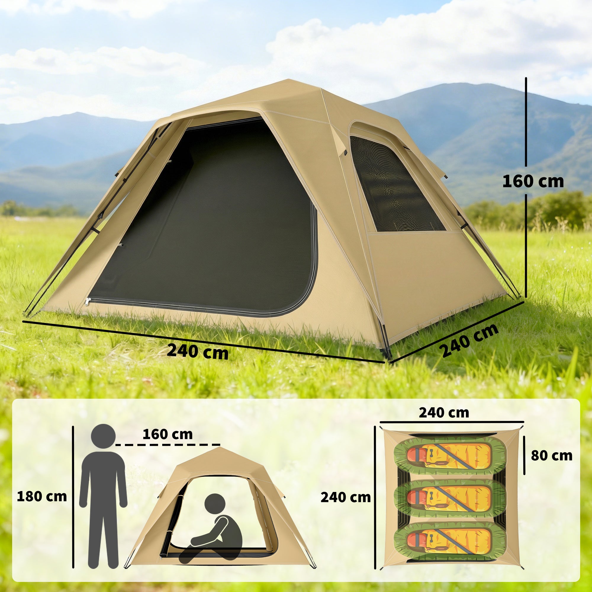 Outsunny Pop Up Tent 3000mm Waterproof Camping Tents with Mesh Windows 2-3 People Khaki 