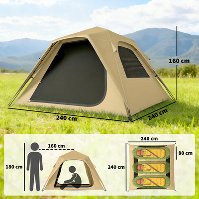 Outsunny Pop Up Tent 3000mm Waterproof Camping Tents with Mesh Windows 2-3 People Khaki 