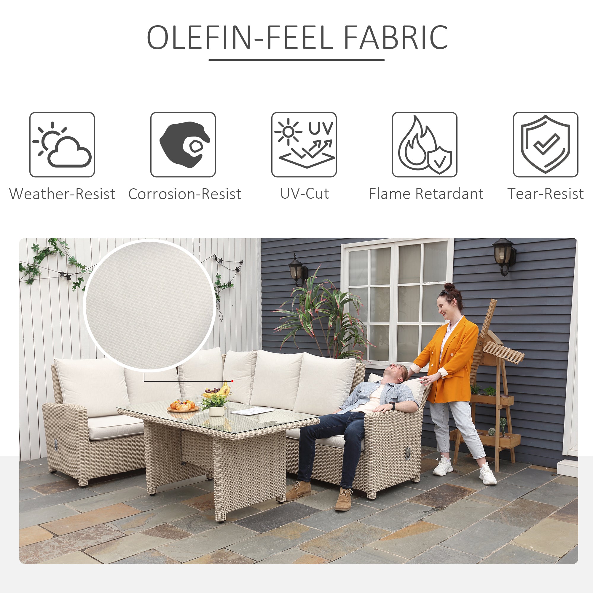 Outsunny 5 PCS Reclining PE Rattan Garden Dining Set Bonzer Patio Furniture w/ Sofa Chairs Glass Table, Olefin Cushions Adjustable Feet Stylish Lounge Conversation 