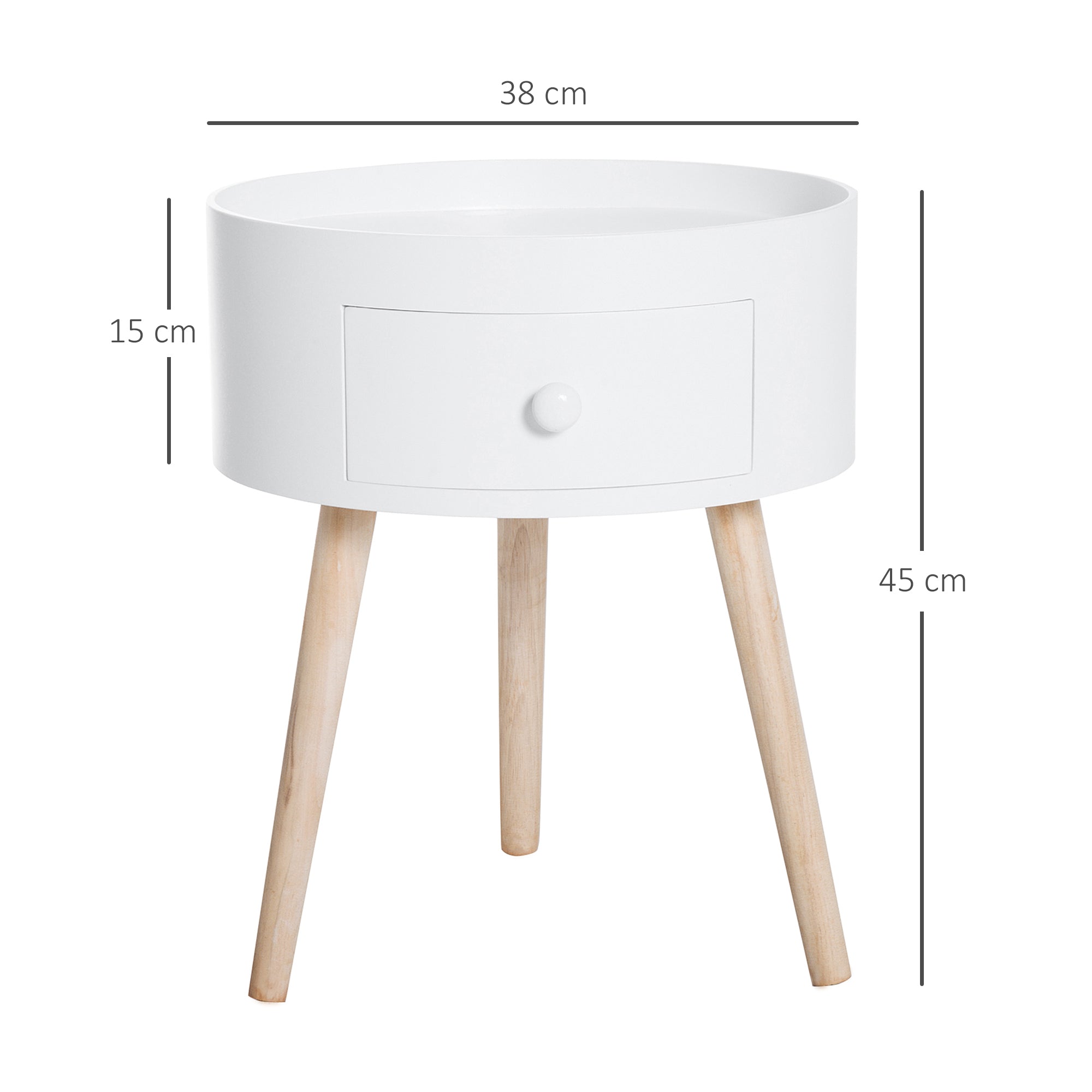 HOMCOM Modern Side Table, Small Coffee Table, Round Bedside Table with Drawer and Wood Legs for Living Room, Bedroom, White 