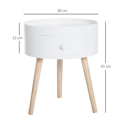 HOMCOM Modern Side Table, Small Coffee Table, Round Bedside Table with Drawer and Wood Legs for Living Room, Bedroom, White 