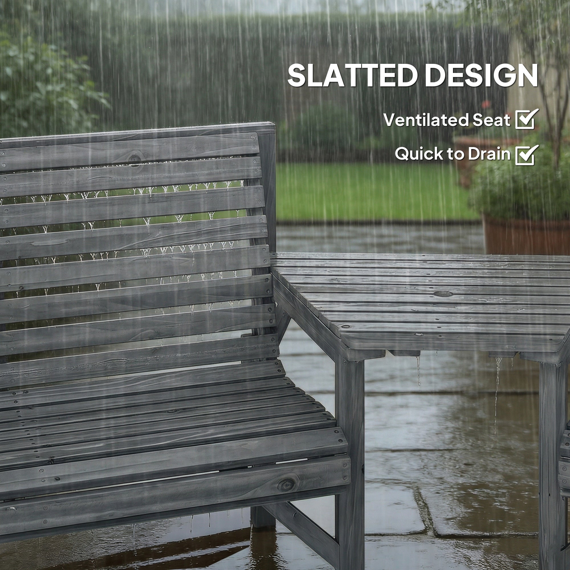Outsunny Wooden Garden Furniture Set with Parasol Hole, 1 Chair, 1 Bench and Detachable Table, Grey Embossed Finish 