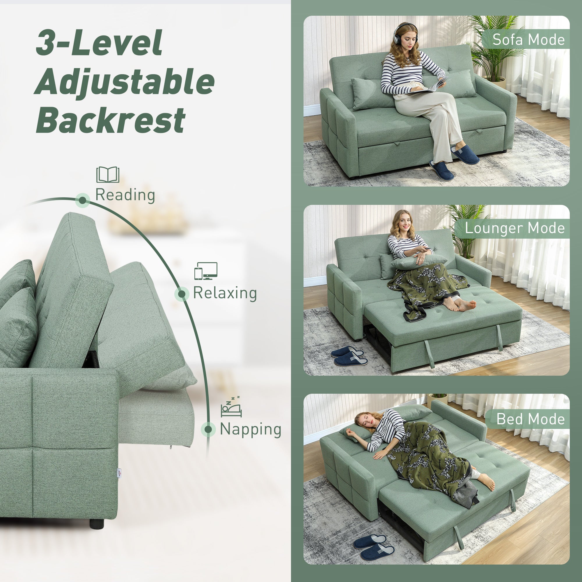HOMCOM Three-Way 2 Seater Sofa Bed with Three-position back and Two Soft Pillows - Green 