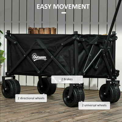 Outsunny Folding Garden Trolley, Outdoor Wagon Cart with Carry Bag, for Beach, Camping, Festival, 120KG Capacity, Black 