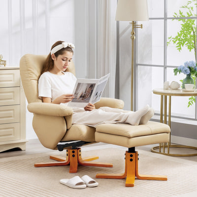 HOMCOM PU Leather Swivel Recliner Chair with Footstool, Wooden Base and Storage for Living Room, Beige 