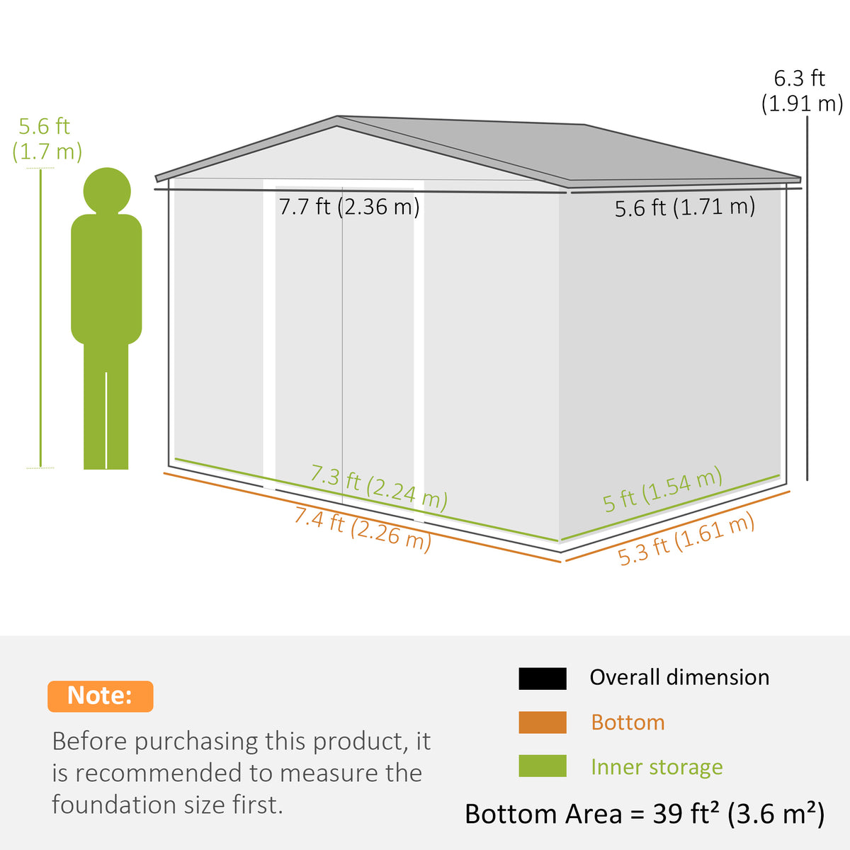 Outsunny 8 x 6ft Galvanised Steel Shed, with Double Door - Light Grey 