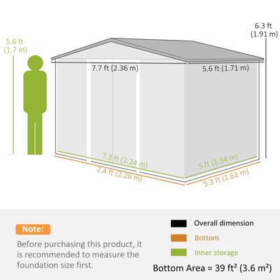 Outsunny 8 x 6ft Galvanised Steel Shed, with Double Door - Light Grey 