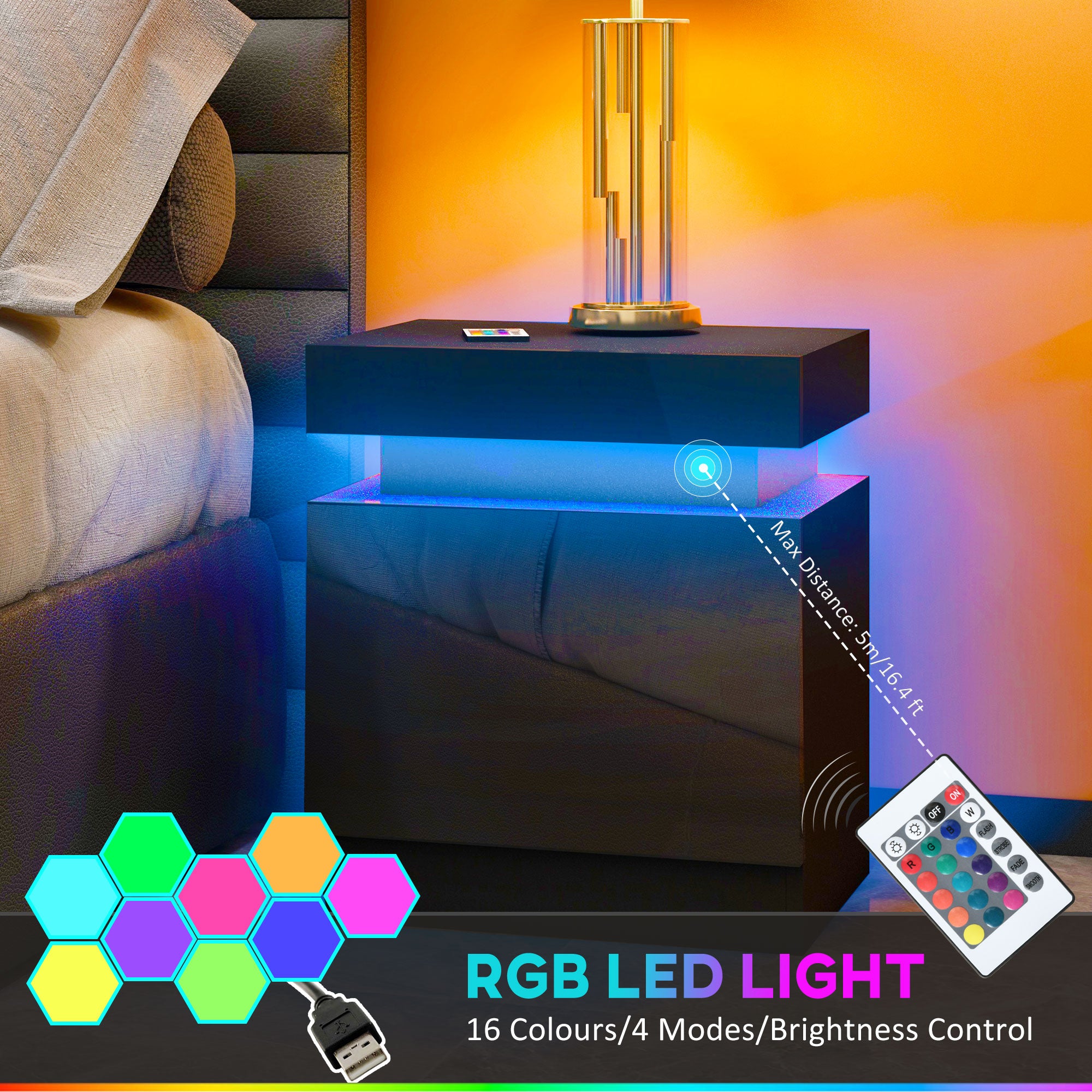 HOMCOM High Gloss Front Bedside Tables Set of 2, Nightstands with RGB LED Light and 2 Drawers, Chest of Drawers for Bedroom, Living Room, Black 