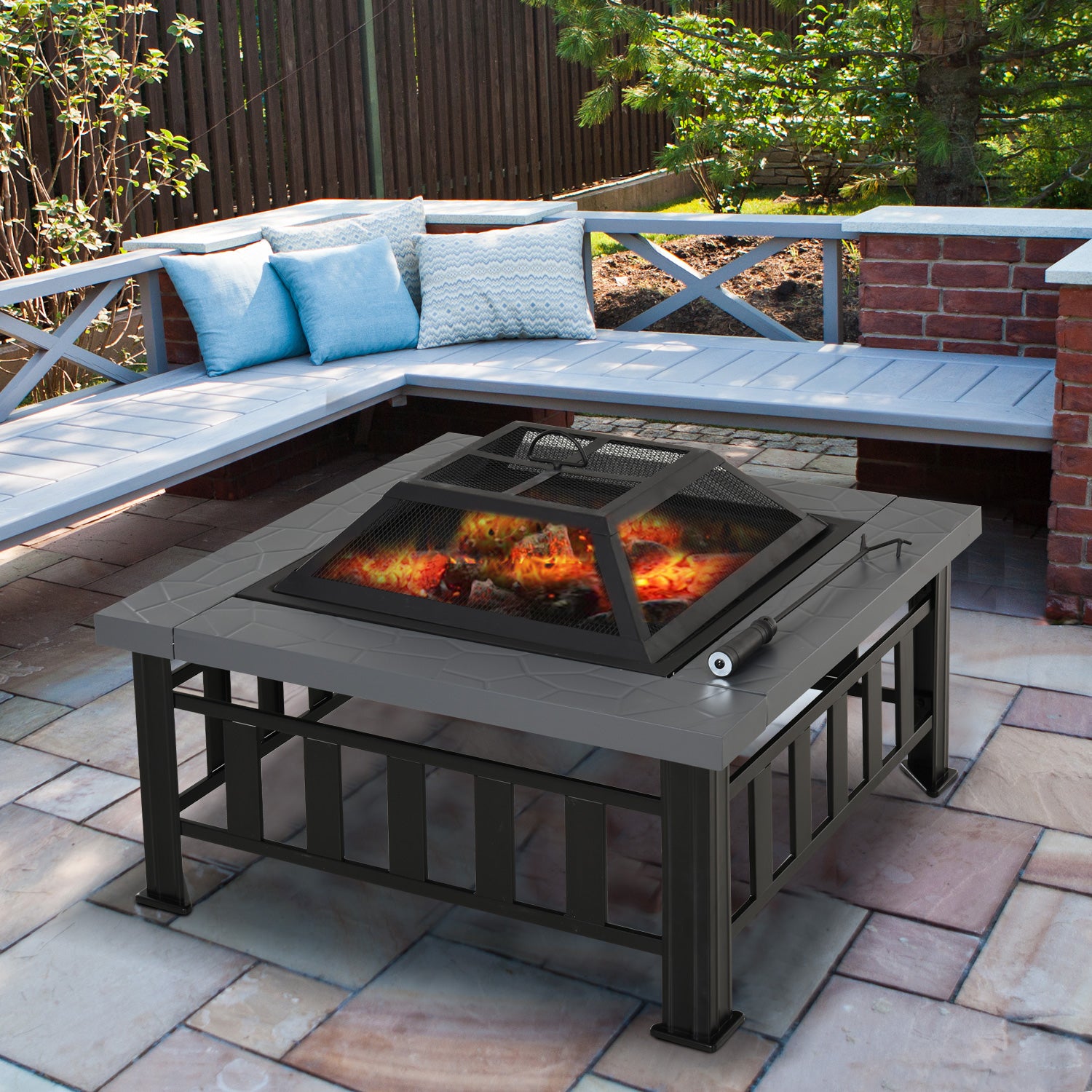 Outsunny Metal Large Firepit Outdoor Square Fire Pit Brazier w/ Rain Cover, Lid, Log Grate, Poker for Backyard, Camping, BBQ, Bonfire, Wood Burning Stove, 86 x 86 x 54cm, Black 