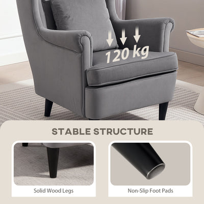 HOMCOM Modern Accent Chair, Upholstered Wingback Armchair with High Backrest and Pillow, Velvet-Feel Fabric Reading Chair with Solid Wood Legs for Living Room, Bedroom, Home Office, Dark Grey 