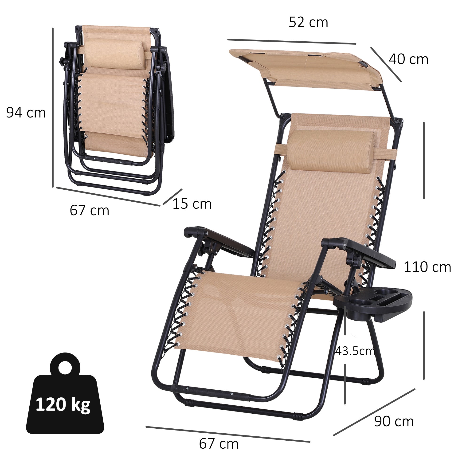 Outsunny Foldable Reclining Garden Chair with Headrest, Zero Gravity Deck Sun Lounger Seat Chair with Footrest, Armrest, Cup Holder & Canopy Shade, Beige 