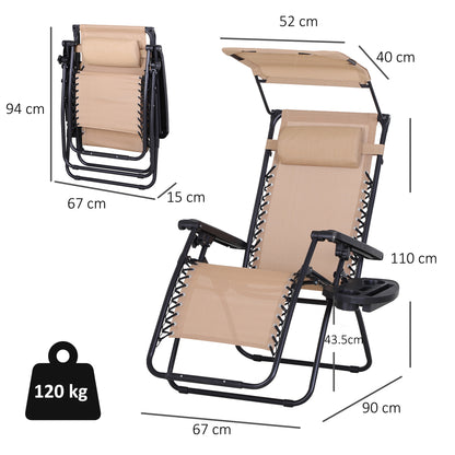 Outsunny Foldable Reclining Garden Chair with Headrest, Zero Gravity Deck Sun Lounger Seat Chair with Footrest, Armrest, Cup Holder & Canopy Shade, Beige 