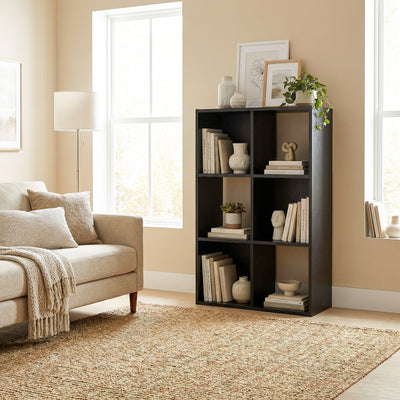 HOMCOM Industrial Style Storage Shelf, Bookcase, Bookshelf with 6 Compartments, for Living Room, Home Study, Black Wood Effect 