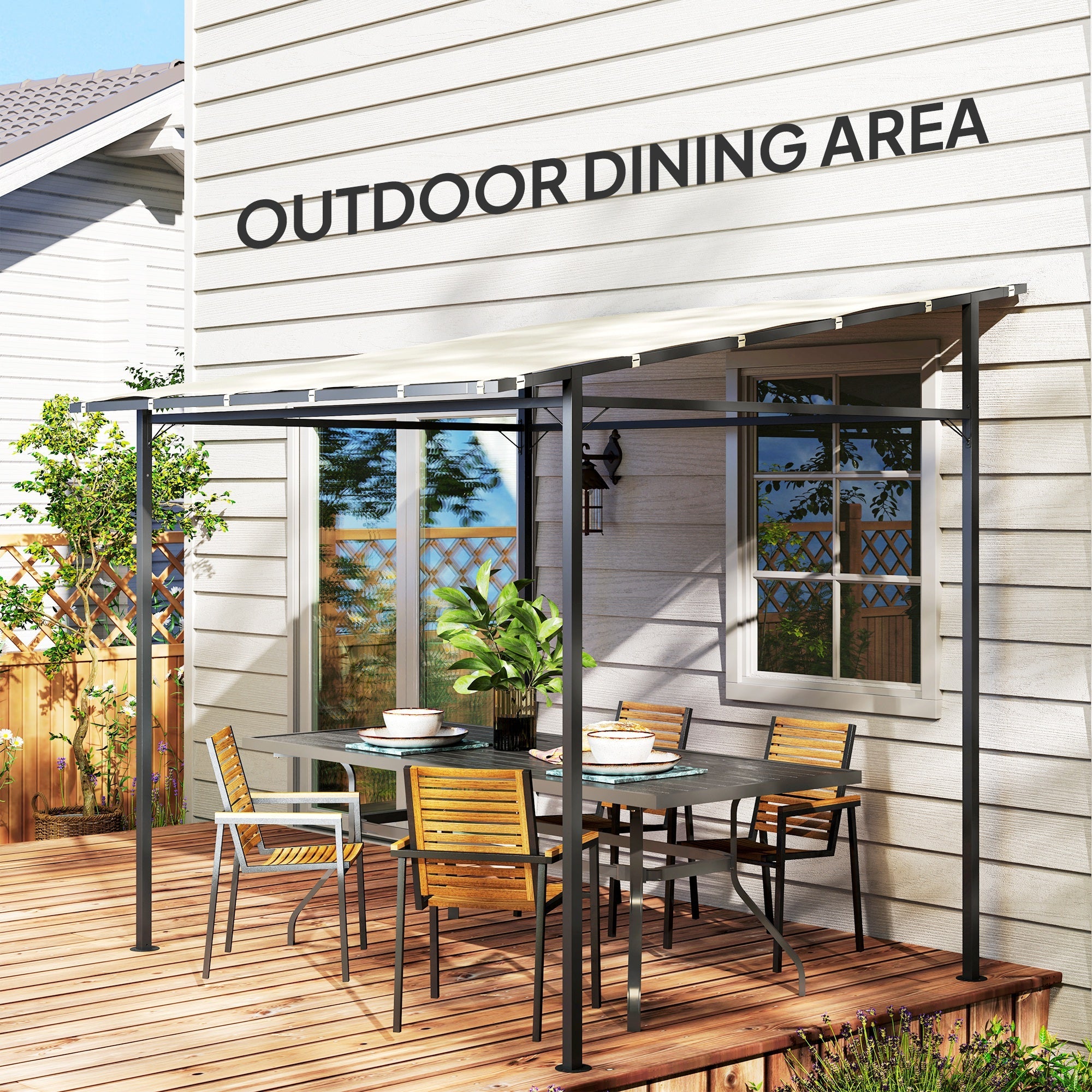 Outsunny 2.4 x 2.4 m Wall Mounted Pergola Gazebo with PA Coating Fabric and Metal Frame, UPF30+, Lean to Garden Gazebo, Wind Resistant Outdoor Sun Shade Shelter for Garden, Deck, Cream White 