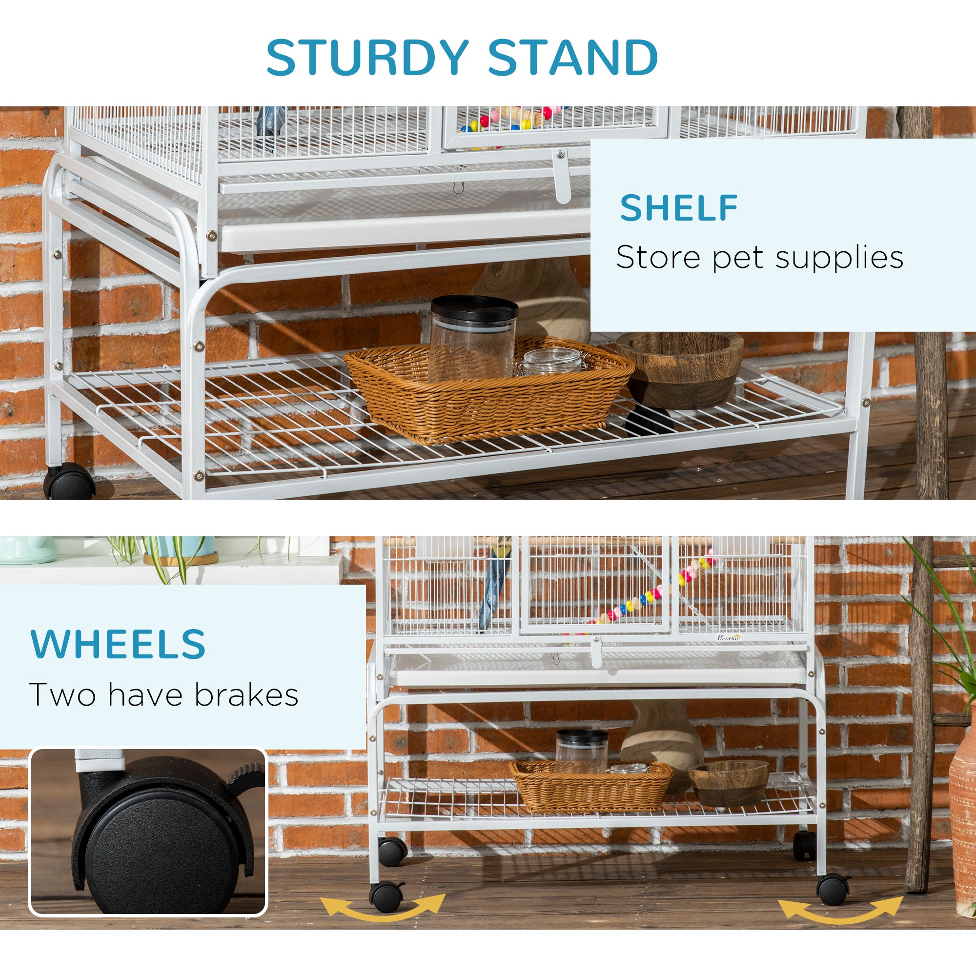 PawHut Large Bird Cage Budgie Cage 3 Tier Aviary with Stand Wheels, Toys, Ladders, Shelf for Canaries, Finches, Cockatiels, Parakeets - White 