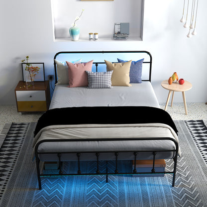 HOMCOM Double Bed Frame with LED Lights and Charging Station, Metal Platform Bed Frame with Under Bed Storage, Black