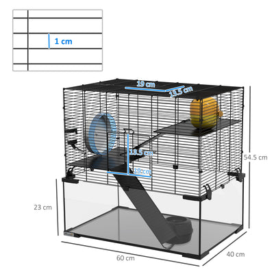 PawHut 3 Tiers Hamster Cage, Gerbil Cage with Deep Glass Bottom, Non-Slip Ramps, Platforms, Hut, Exercise Wheels, Water Bottle, Dish, for Syrian Hamster, Dwarf Hamster, 60 x 40 x 57cm 