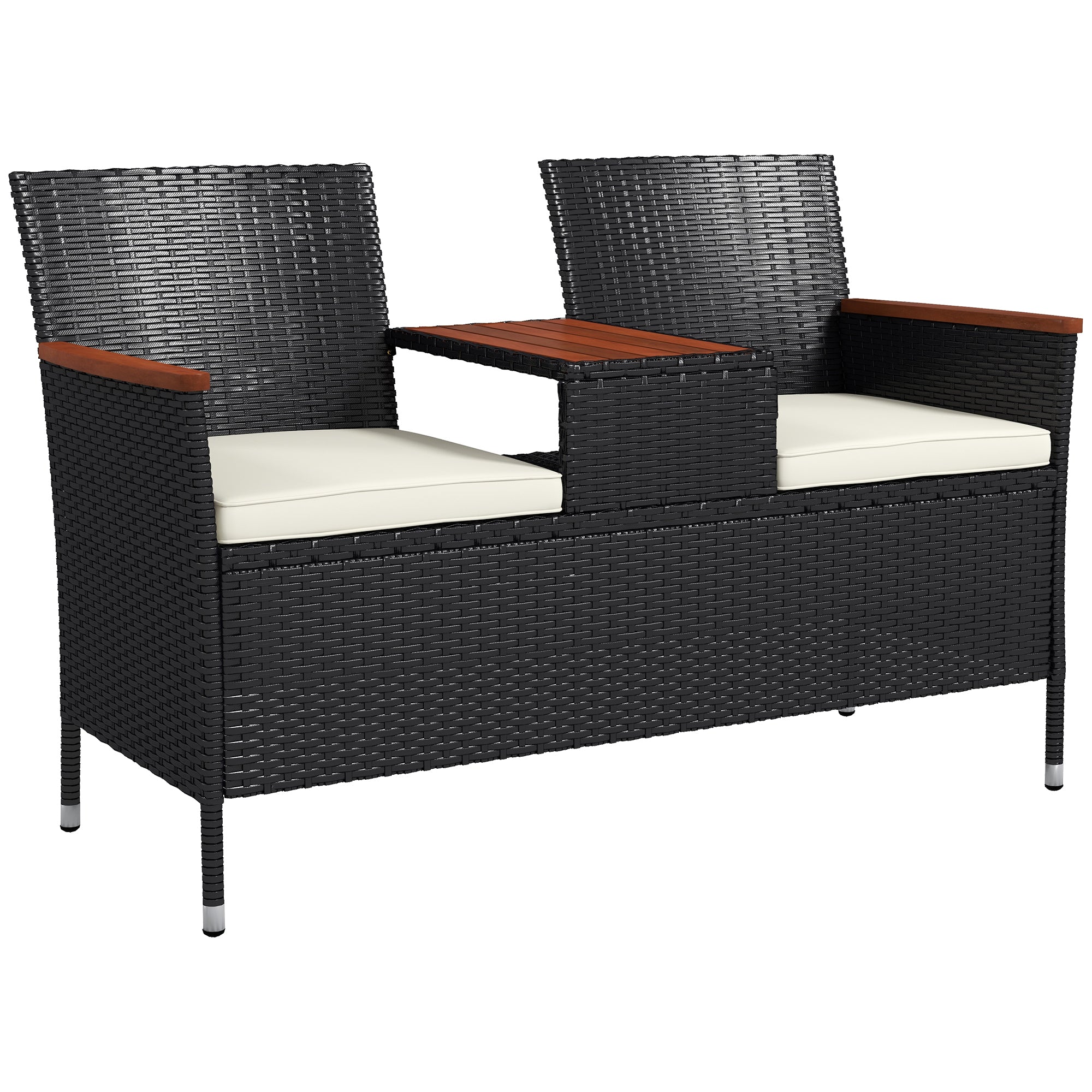 Outsunny Two-Seat Rattan Loveseat, with Wood-Top Middle Table - Black 