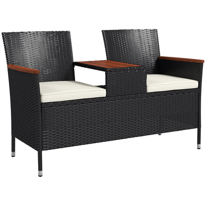 Outsunny Two-Seat Rattan Loveseat, with Wood-Top Middle Table - Black 