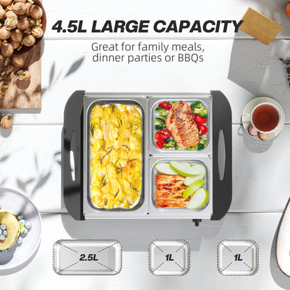 HOMCOM 4.5L Stainless Steel Electric Buffet Server, with 3x Trays and Lids, Set of 2