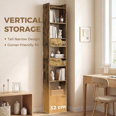 HOMCOM Bookcase Tall Narrow with 5 Tiers and Drawers Freestanding Bookshelf Storage Cabinet for Living Room Rustic Brown