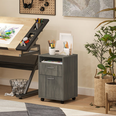 HOMCOM 60cm Filing Cabinet with Drawer, Open Shelf, Metal Handles and 4 Wheels, Office Home Organiser Mobile Printer, Grey 