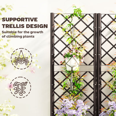 Outsunny Raised Garden Bed with Trellis, Plastic Planter Box with Drainage Holes and Drain Plugs for Climbing Plants, Vegetables, Flowers, Brown 