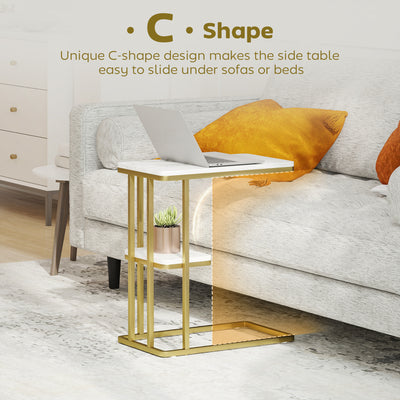 HOMCOM C-Shaped Narrow Side Table, 2-Tier Slim End Table, Nightstand for Small Spaces, Living Room, Bedroom, White Marble Grain 