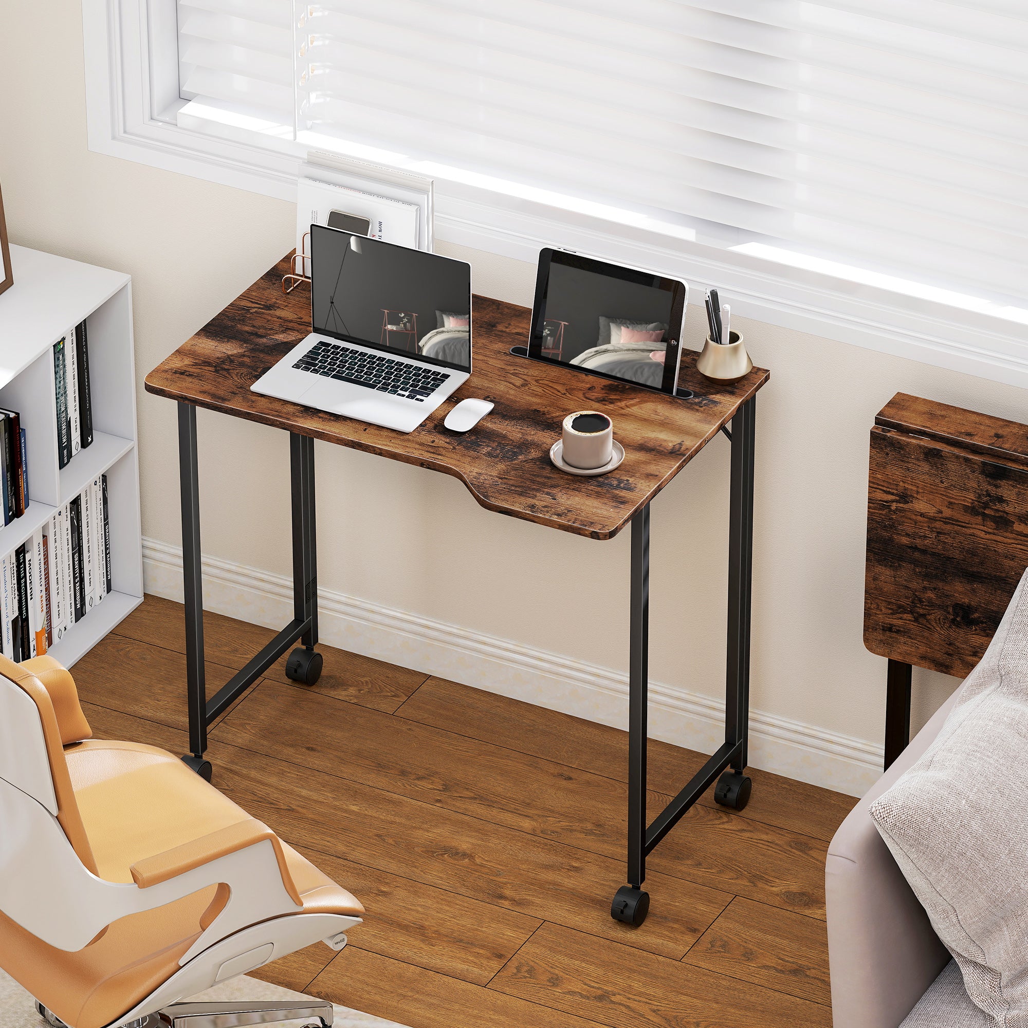 HOMCOM Folding Small Desk on Wheels - Rustic Brown 