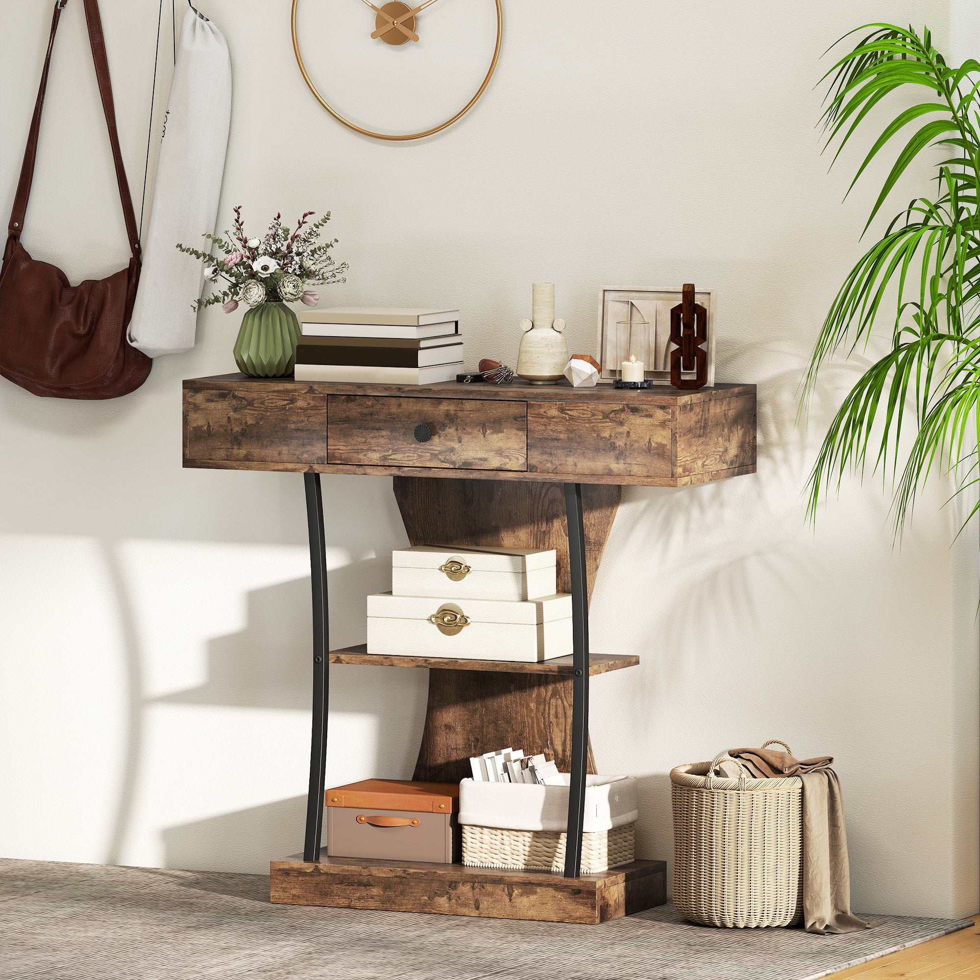 HOMCOM Console Table, 3-Tier Industrial Hallway Table with Drawer, Storage Shelves, 91 x 32 x 87 cm, Rustic Brown 