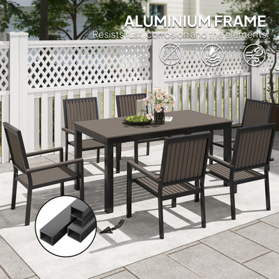 Outsunny 6 Seater Garden Dining Set with Stackable Chairs, Aluminium Frame, Rectangular Plastic Top, Garden Furniture Set, Outdoor Dining Table and Chairs for Patio, Balcony, Poolside, Brown 