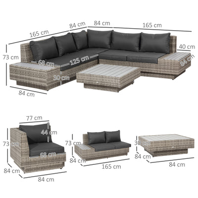 Outsunny 4 PCs Rattan Garden Furniture Outdoor Sectional Corner Sofa and Coffee Table Set  Conservatory Wicker Weave Furniture with Armrest and Cushions - Light Grey 
